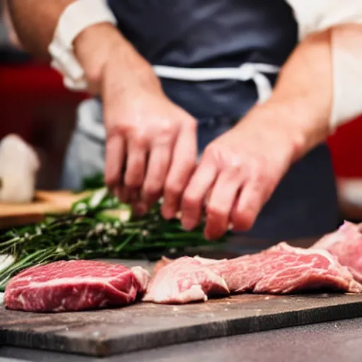 Image similar to low angle view closeup of a butcher preparing meats