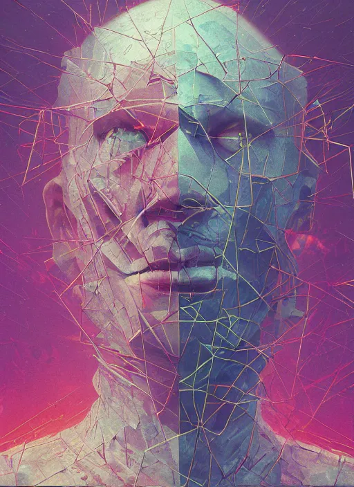 Prompt: a painting of a human head exploding into triangle fragments, cyberpunk art by mike winkelmann by zdzisław beksinski, glitch art, cgsociety, dystopian art, sci - fi