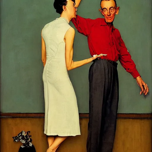 Image similar to a thin man understands by the way his wife is standing that she has issues, painted by norman rockwell and tom lovell and frank schoonover