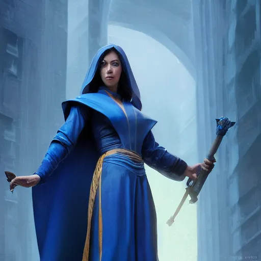 Prompt: portrait, female high wizard in blue robes, dramatic lighting, cinematic, establishing shot, extremly high detail, photo realistic, cinematic lighting, post processed, concept art, artstation, matte painting, style by eddie mendoza, raphael lacoste, alex ross
