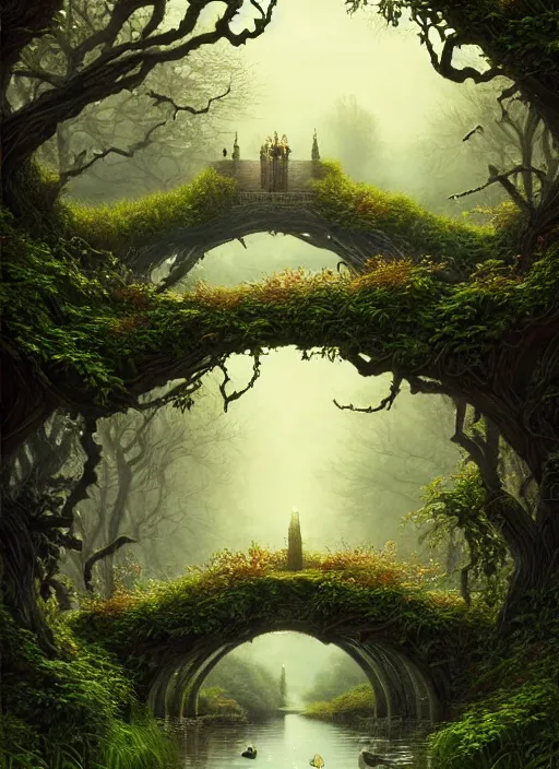 Image similar to book cover!!!!!!!!!!!!, old bridge, ivy leaves graphic vectors at each border, fantasy forest landscape, fantasy magic, light night, intricate, elegant, sharp focus, illustration, highly detailed,, art by wlop and artgerm and ivan shishkin and andrey shishkin, masterpiece