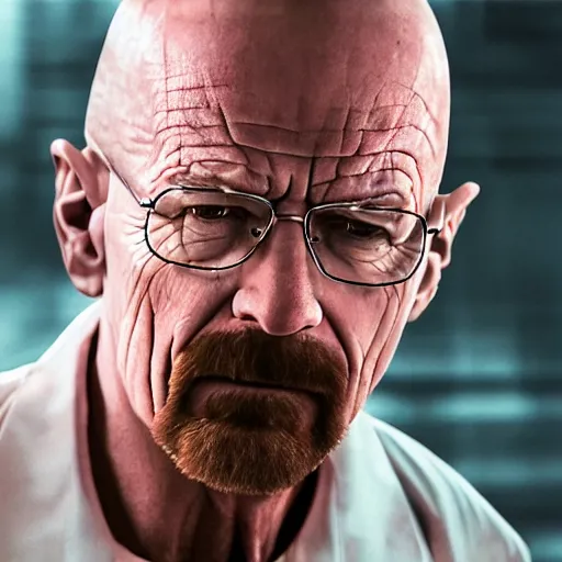 Image similar to close up, cropped award winning photo of walter white wearing pink headphones screaming and shouting, incredibly detailed, sharp focus, hyper realistic