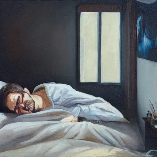 Prompt: a guy is laying inside his comfortable bed and is staring at his dark bedroom ceiling, because its the only thing that understands his feelings and wont leave him, 8k, high detailed oilpainting