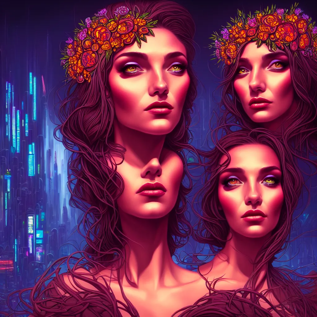 Image similar to a beautiful closeup portrait painting of the flower queen in a sensual pose, in the style dan mumford artwork, in the background a futuristic cyberpunk city with lit windows is seen.