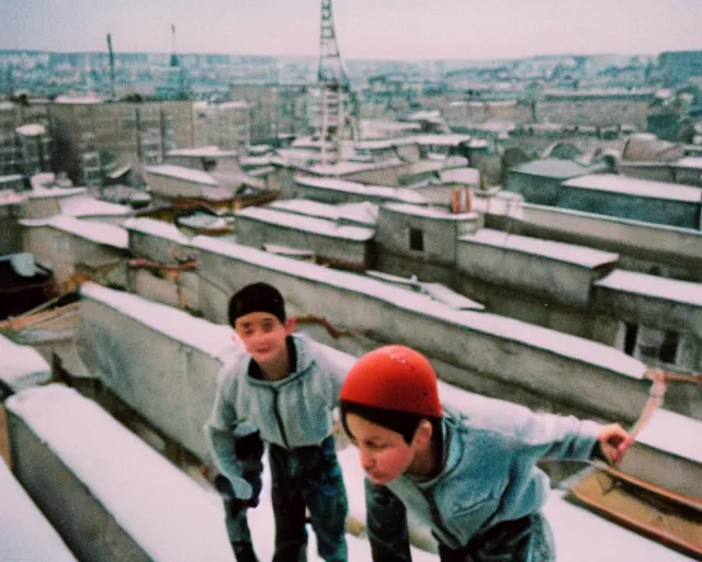 Image similar to lomo photo of roofjumpers climbing on roof of soviet hrushevka, small town, cinestill, bokeh, out of focus