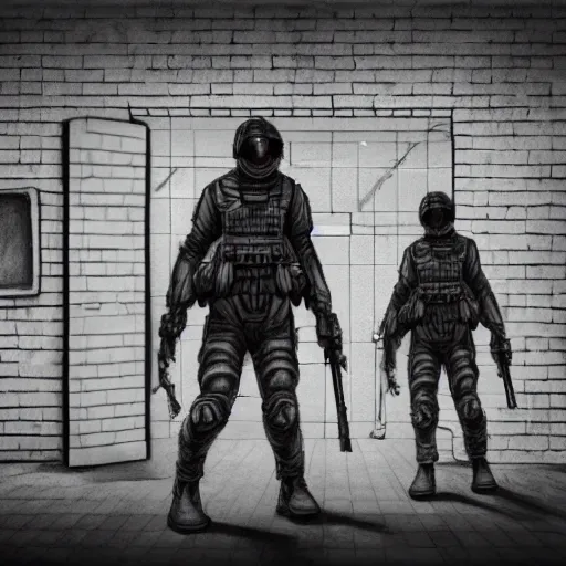 Image similar to pencil art, close up shot, realistic, cinematic, hyper detailed, smooth, soldier hiding behind wall, aliens walking in the background.