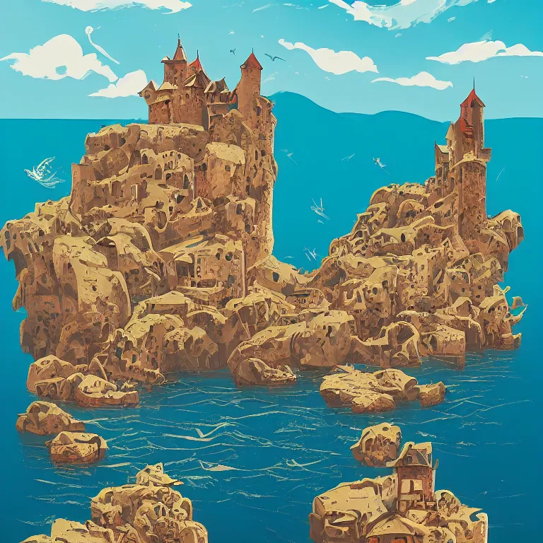 Image similar to in the style of petros afshar, art of a medieval castle and bustling town floating on top of a giant rock next to a beach and a clear blue sea mountain range