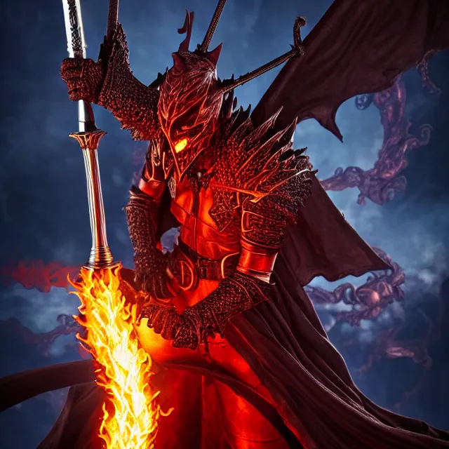 Prompt: hell knight with a flaming sword, highly detailed, 4 k, hdr, smooth, sharp focus, high resolution, award - winning photo, anne stokes, photorealistic