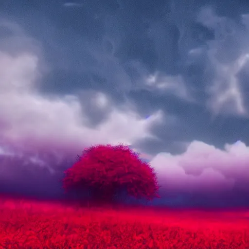 Image similar to A crimson red forest with purple clouds above it. Bright colors, cinematic lighting, other worldly.