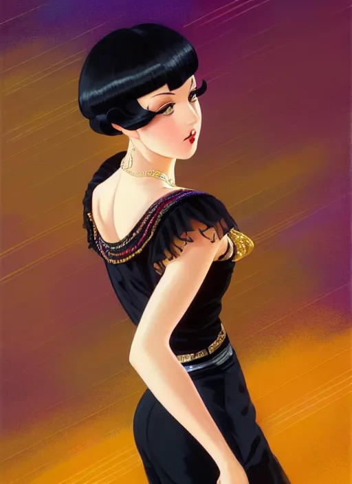 Image similar to a beautiful dancer with black hair in 1930's fashion, ballroom background, intricate, highly detailed, digital painting, artstation, official media, anime key visual, concept art, rich vivid colors, ambient lighting, sharp focus, illustration, art by Artgerm, Makoto Shinkai, Ilya Kuvshinov, Lois Van Baarle, and Rossdraws