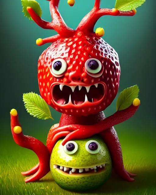 Image similar to portrait of a cute fruit figurine monster made of different fruit, standing in a forest, staring wide open eyes, open mouth, very detailed eyes, trees in the background, sunlight, oil painting, highly detailed, dramatic lighting, hyperrealistic, 8 k, smooth, intricate, artstation, cgsociety, by artgerm, by wlop