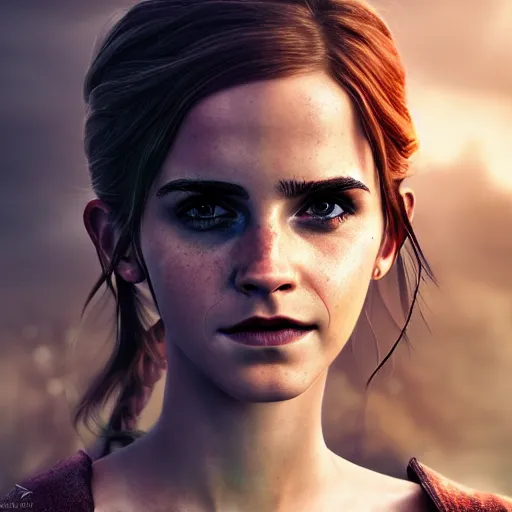 Image similar to An epic fantasy comic book style portrait painting of Emma Watson, unreal 5, DAZ, hyperrealistic, octane render, cosplay, RPG portrait, dynamic lighting