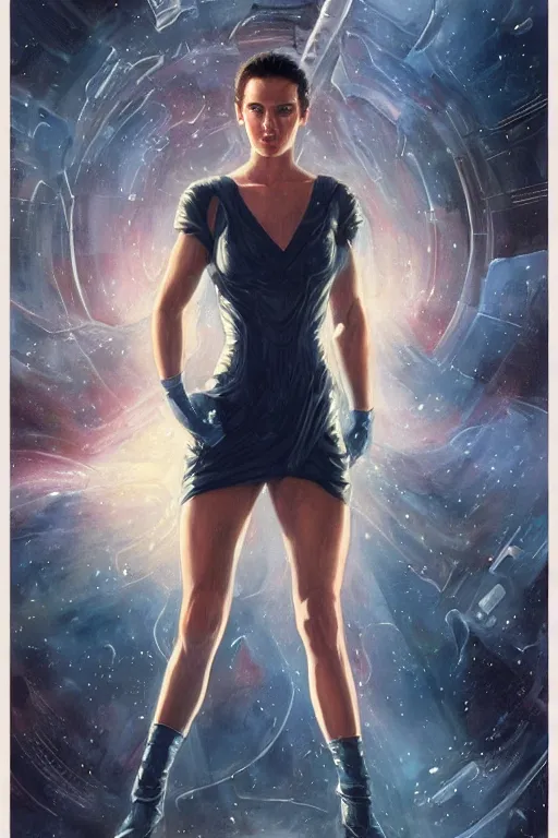 Image similar to young Jennifer Connelly as a ruggedly beautiful retro SCI-FI space heroine 1985 , movie poster, intricate, elegant, highly detailed, centered, digital painting, artstation, concept art, smooth, sharp focus, illustration, art by artgerm and donato giancola and Joseph Christian Leyendecker, Ross Tran, WLOP