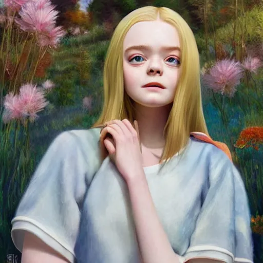 Prompt: a striking hyper real painting of Elle Fanning by Studio Ghibli