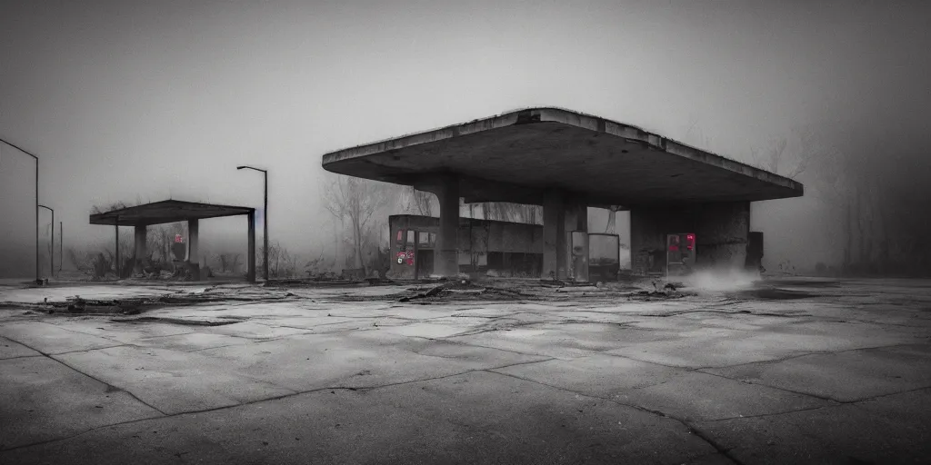 Image similar to a melancholic post-apocalyptic ruins of a gas station, mutants creatures swarming, atmosphere of silent hill, 8k, cinematic lighting, hd wallpaper, fog, Todd Hido, painted by gerhard richter, painted by Marlene Dumas