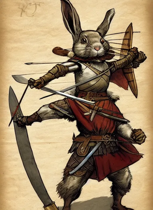 Image similar to a heroic rabbit archer with sword and shield on a parchment background, redwall, greg rutowski and jean baptiste monge, detailed, epic fantasy concept art