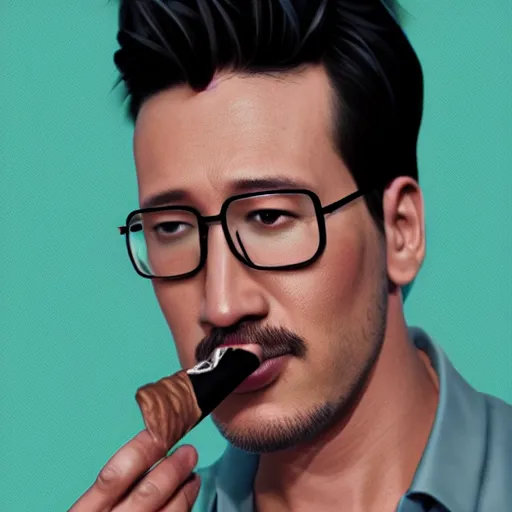 Image similar to a closeup photo of handsome gigachad markiplier smoking a cigar, 8k photorealism, extremly detailed, trending on artstation