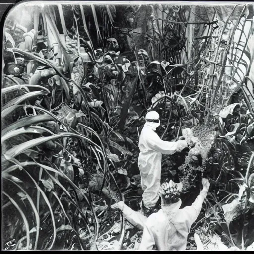 Prompt: vintage photo, scientists in hazmat suits watching a giant massive exotic colorful tropical alien carnivorous plant eating a prisoner, extremely detailed. stark. refraction. shallow depth of field. volumetric light and shadow. ray tracing. light rays