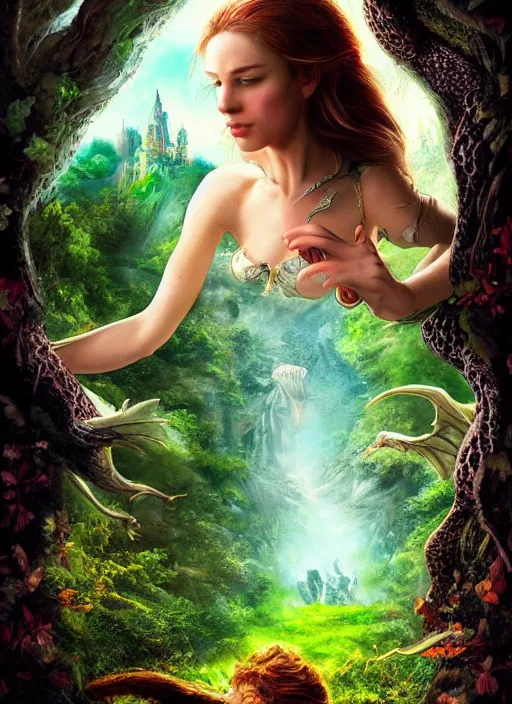 Image similar to movie poster, fantasy, kingdom in the woods, dragons, profile of a beautiful woman, fairies, magical, enchanting, nostalgic, by john alvin,