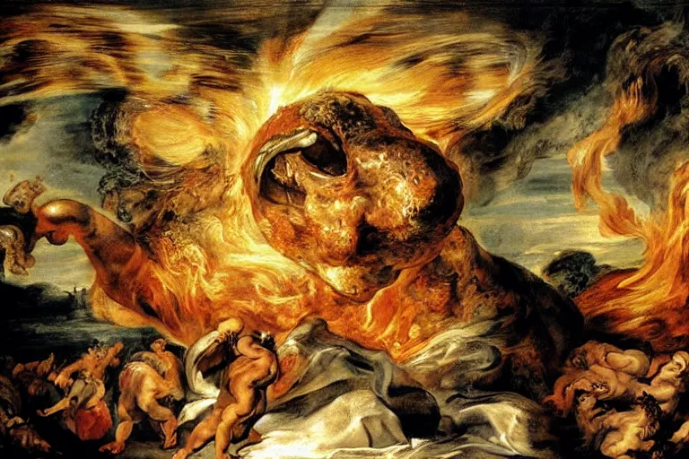 Prompt: majestic painting of a giant kebab monster terrorising a city in flames by Rubens, by Michelangelo, horror movie poster grain, ultra realistic, most definition, much appreciated