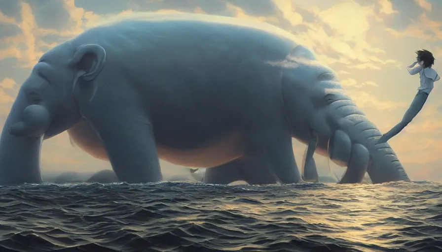 Image similar to A highly detailed matte painting of huge Homunculus loxodontus!!!!!!!!!!!!!!!!!!!! in the ocean, by Studio Ghibli, Makoto Shinkai, by Artgerm, by beeple, by Greg Rutkowski, volumetric lighting, octane render, 4K resolution, trending on artstation, masterpiece