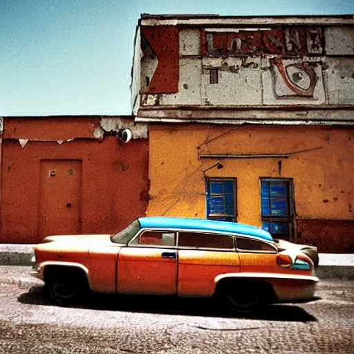 Image similar to low angle photo car in soviet town in mid day by william egglestone, bokeh