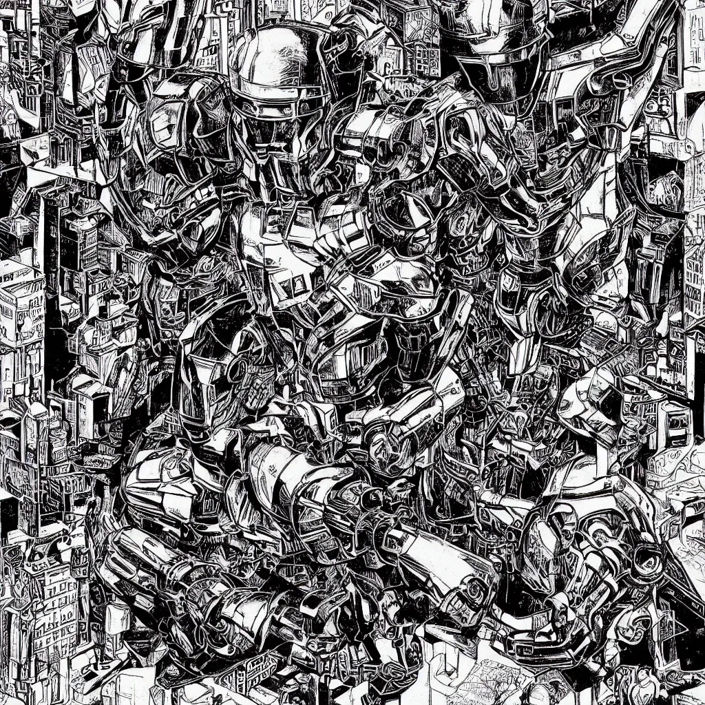 Image similar to printmaking of robocop on party by escher