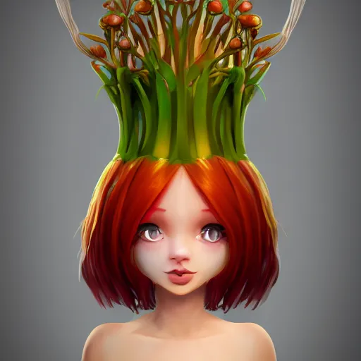 Prompt: cell shaded humanoid onion goddess, flower vine dress, crown, artstation, 4 k gorgeous, smiling, red hair