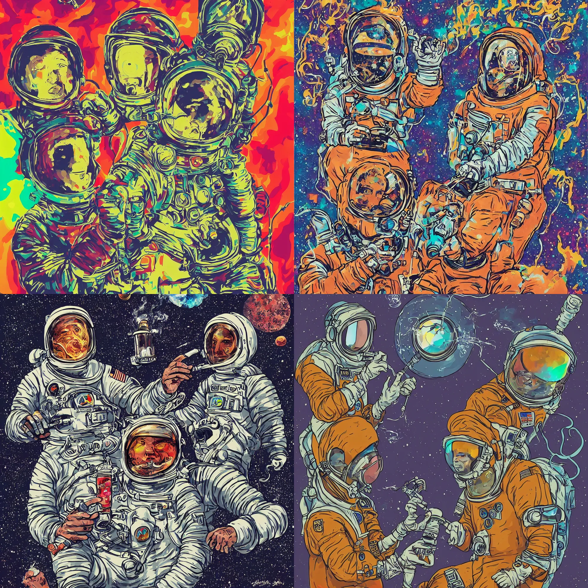 Prompt: a cosmonaut smoking from a bong in the psychedelic style of vincenzo riccardi and Tyler smith