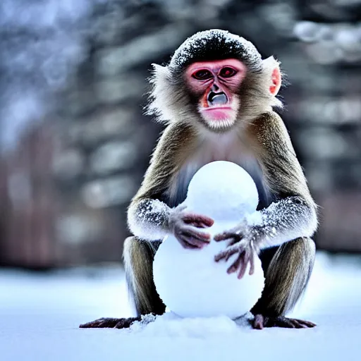 Image similar to beatiful photograph of non-ending snow, monkey sitting in the center whilst holding a snowball in its arms