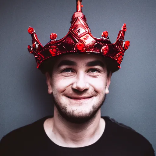 Image similar to man with a crown, smirk, photograph, black background, glowing red eyes, grin