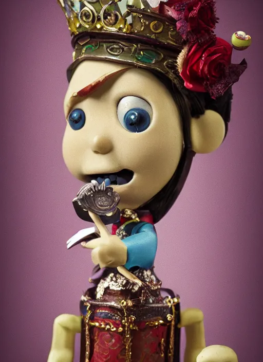 Image similar to closeup face profile portrait of tin toy jack the ripper as a fairytale prince wearing a crown eating cakes, banana, depth of field, zeiss lens, detailed, symmetrical, centered, fashion photoshoot, by nicoletta ceccoli, mark ryden, lostfish, breathtaking, 8 k resolution, extremely detailed, beautiful, establishing shot, artistic, hyperrealistic, octane render