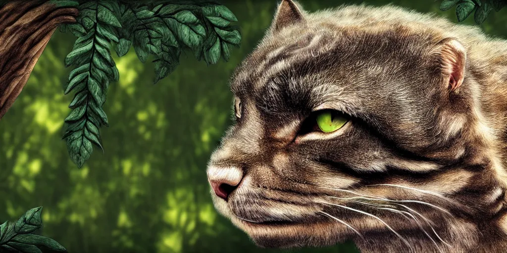 Prompt: photo realism, tyrannosaurus rex cat, fluffy cat, hybrid, jungle background, 4 k, detailed