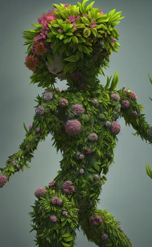 Image similar to a plant creature, foliage, plant filaments, flowers, humanoid shape, full body, photorealistic, 4 k, octane render, cinematic lighting, artistic photography, insanely detailed and intricate