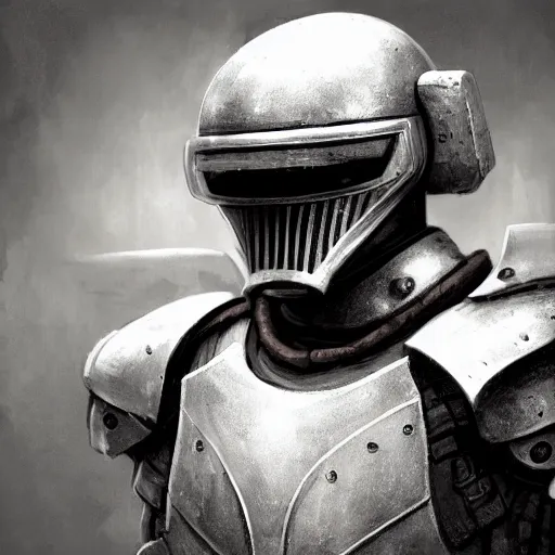 Image similar to knight pepe, scifi, power armor, mechasuit, medieval pepe, futuristic sword, heavy gun, armored, helmet, military, heavy, modern, gaz mask, black and white, concept art, bust portrait, Nekro, Tom Bagshaw, Craig Mullins, ventail, exsokeleton