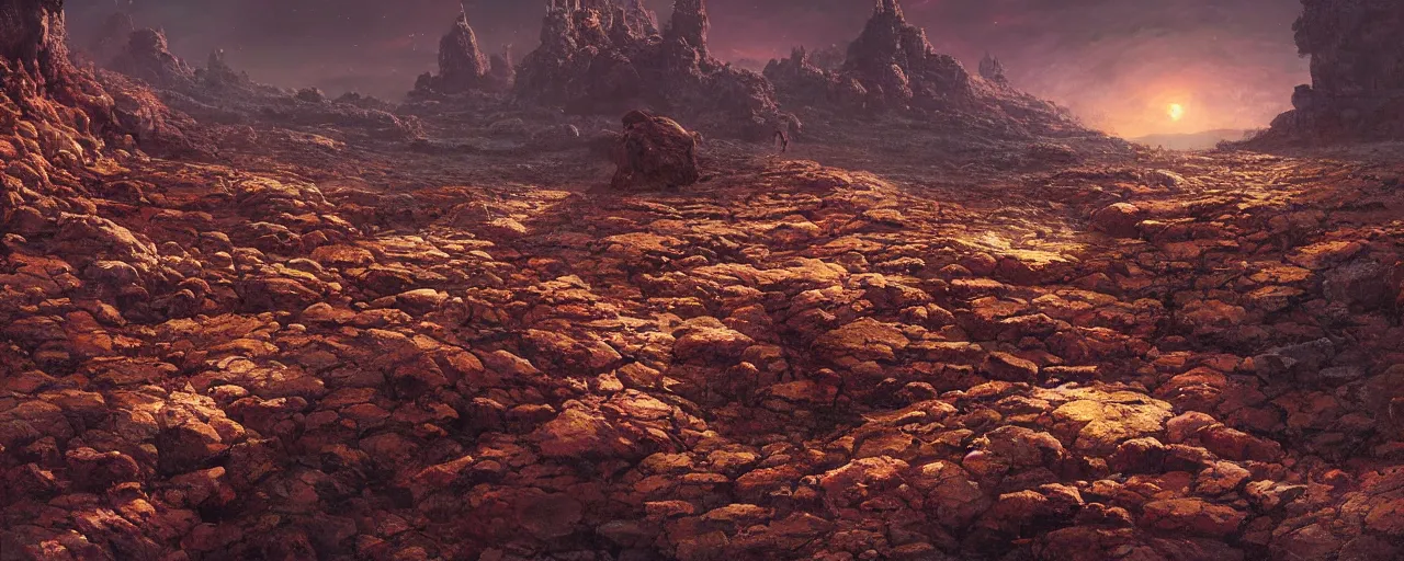 Image similar to ” barren rocky landscape at night, [ cinematic, detailed, epic, widescreen, opening, establishing, mattepainting, photorealistic, realistic textures, octane render, art by wlop and paul lehr ] ”