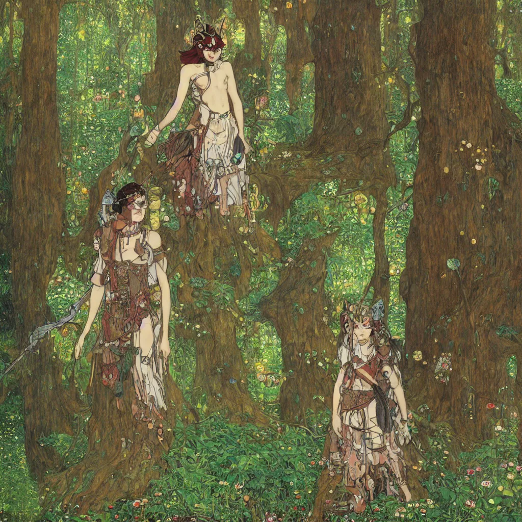 Image similar to Princess Mononoke, fully clothed in armor, lush fairy forest, neon, concept art, schematics, studio ghibli, gnarly trees, painted by gustav klimt, norman rockwell, mucha, james gurney, high detail, denoised, sharp, architectural