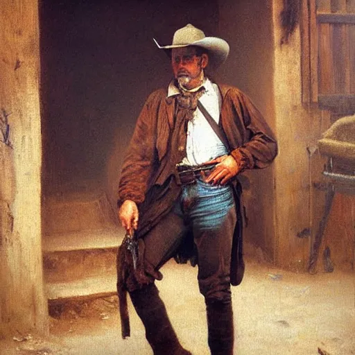 Image similar to oil painting cowboy on dusty street, very very very very very beautiful nature art, masterpiece, realistic and detailed, romanticism by goya