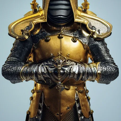 Image similar to a highly detailed full-length knight in a golden helmet and crown with a diamond in the center, golden armor, leather clothes under the armor, leather gloves, king artstation, DeviantArt, professional, octane render, epic, blender