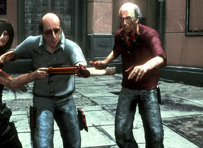 Prompt: video game still of larry david as leon fighting off a zombie in the video game resident evil 2,