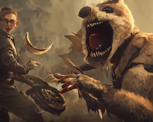 Image similar to gerald of rivia fighting with fursuit cosplayers, cinematic, concept art, wlop, beeple, highly detailed, face, hands, unreal engine, octane render