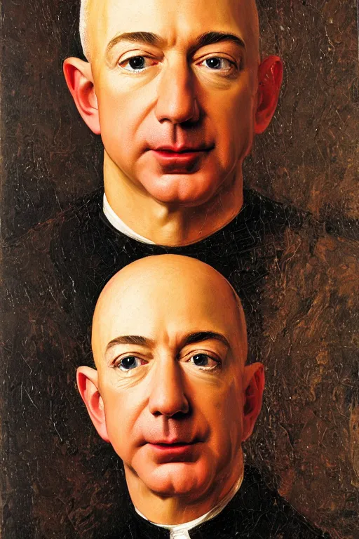 Image similar to portrait of jeff bezos!!! oil painting by jan van eyck, northern renaissance art, oil on canvas, wet - on - wet technique, realistic, expressive emotions, intricate textures, illusionistic detail