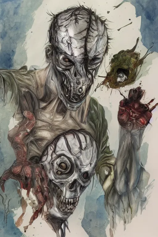 Prompt: beautiful clean water color painting of legion dbd, dead by daylight, portrait study by bernie wrightson, detailed, stunning, realistic