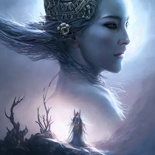 Image similar to lunar queen, fine art, awesome fantasy book cover on pinterest, award winning, dark fantasy landscape, fantasy magic, intricate, elegant, sharp focus, cinematic lighting, highly detailed, digital painting, concept art, art by wlop and artgerm and greg rutkowski, masterpiece, trending on artstation, 8 k