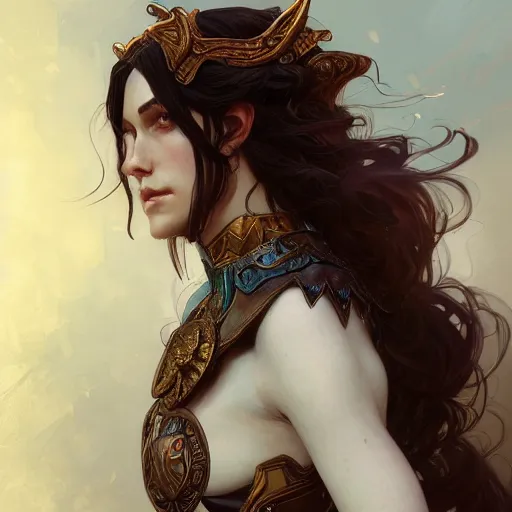 Image similar to full portrait of beautiful paladin elf man with long wavy dark hair, intricate, elegant, highly detailed, digital painting, artstation, concept art, smooth, sharp focus, illustration, art by Krenz Cushart and Artem Demura and Alphonse Mucha,