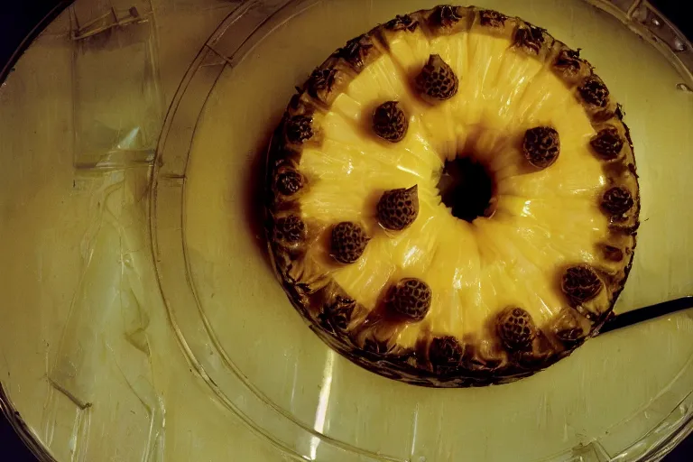 Image similar to pineapple and cheese aspic, in 1 9 9 5, y 2 k cybercore, industrial low - light photography, still from a ridley scott movie