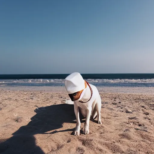 Image similar to Dog with white hat on his head, on the beach having a picknick