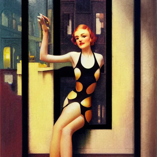 Prompt: retrofuturistic 1 9 3 0 s detailed oil painting of a woman in a window, cyberdeco catsuit, electronic billboards, tech noir, wet reflections, atmospheric, ambient, alexis flower, hopper, mucha, wlop, gil elvgren, grant wood,, livia prima, george tooker, greg rutkowski, whistler, norman rockwell, peter max