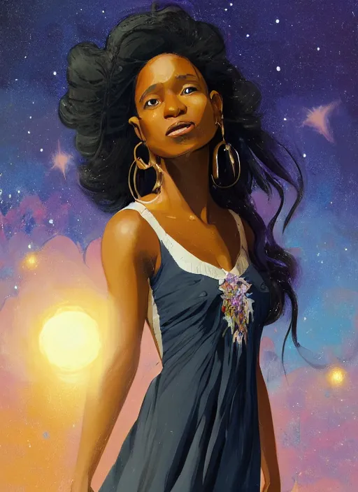 Image similar to full - length portrait of a young black woman with long flowing hair, wearing a flowing sundress, standing in front of a starry galaxy, detailed face, fantasy, cinematic lighting, digital art painting, fine details by realistic shaded lighting poster by ilya kuvshinov katsuhiro otomo, magali villeneuve, artgerm, jeremy lipkin and michael garmash and rob rey