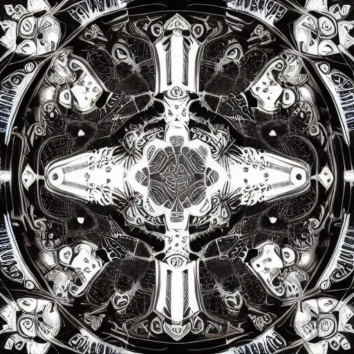 Prompt: symmetrical mandala pattern of machine guns, shotguns, rifles, revolvers, bullets, ultra-realistic, intricate details, 4k